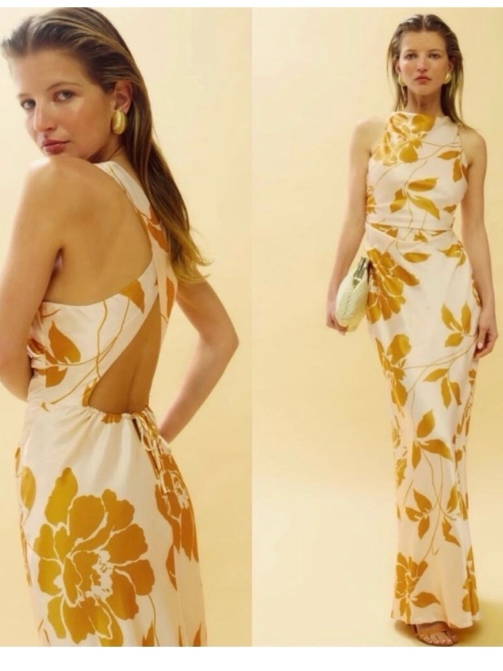 Reformation Anaiis Silk Maxi Dress with Mustard Floral Print